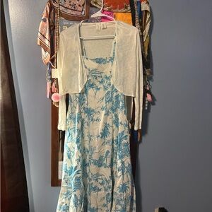 Light Blue Palm-Print Maxi Dress with White Shrug